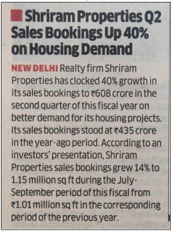 Shriram Properties Q2 Sales Bookings Rise 40% To 608 CR.