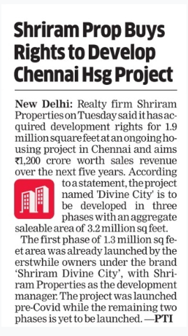 Shriram Properties Buys New Project In City; Rs1200 Cr Sales Revenue.